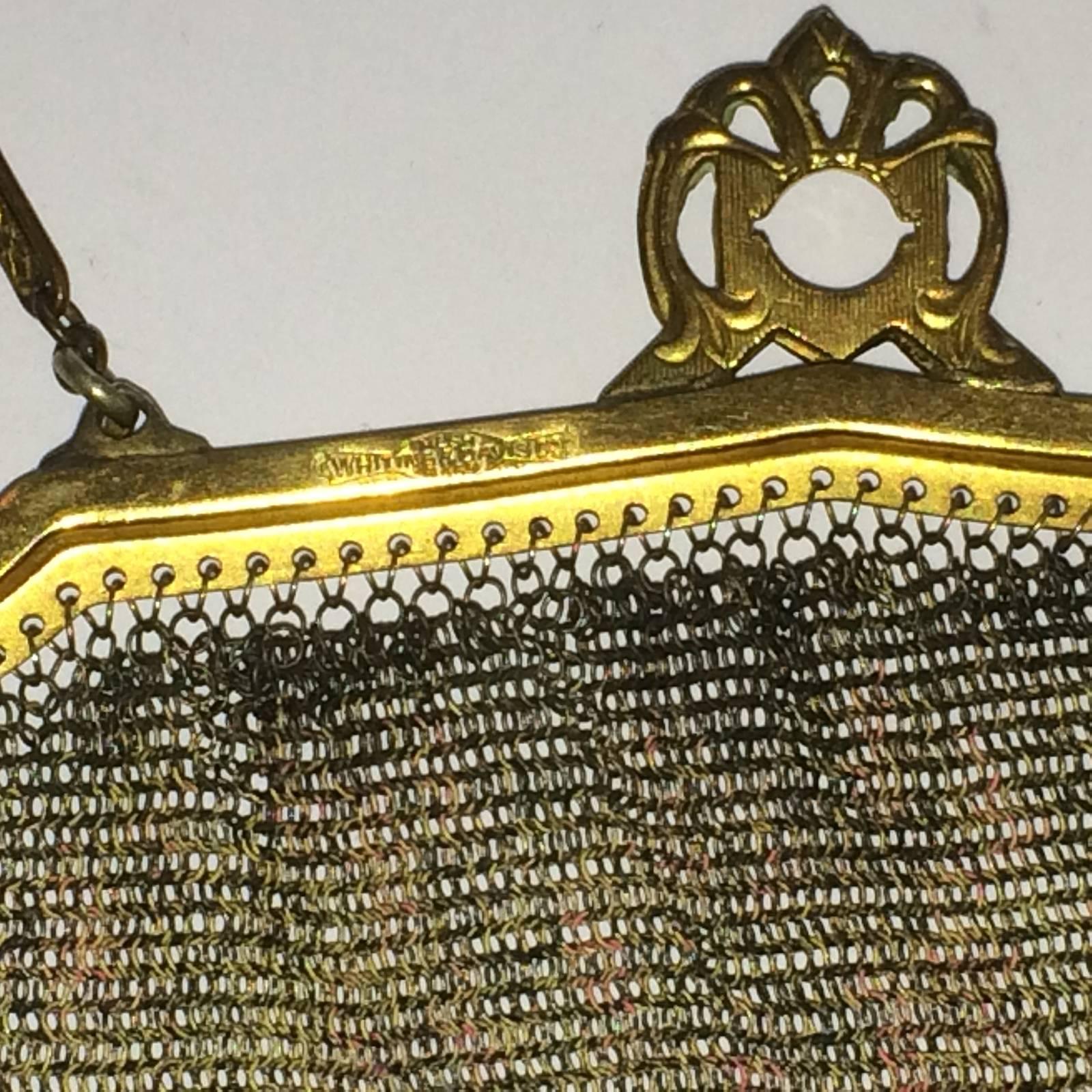 Art Deco Purse, by Whiting and Davis, Gilt on Silver Metal Mesh with Cobalt and Pink wash decoration, is all in immaculate condition, totally perfect, down to the full width fringe along the bottom. The upper clasp works perfectly and still “snaps”