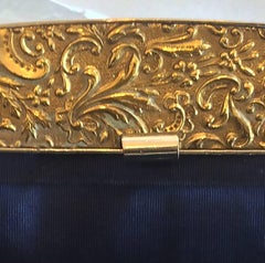 Art Deco French Navy blue leather clutch purse handbag with Gilt clasp