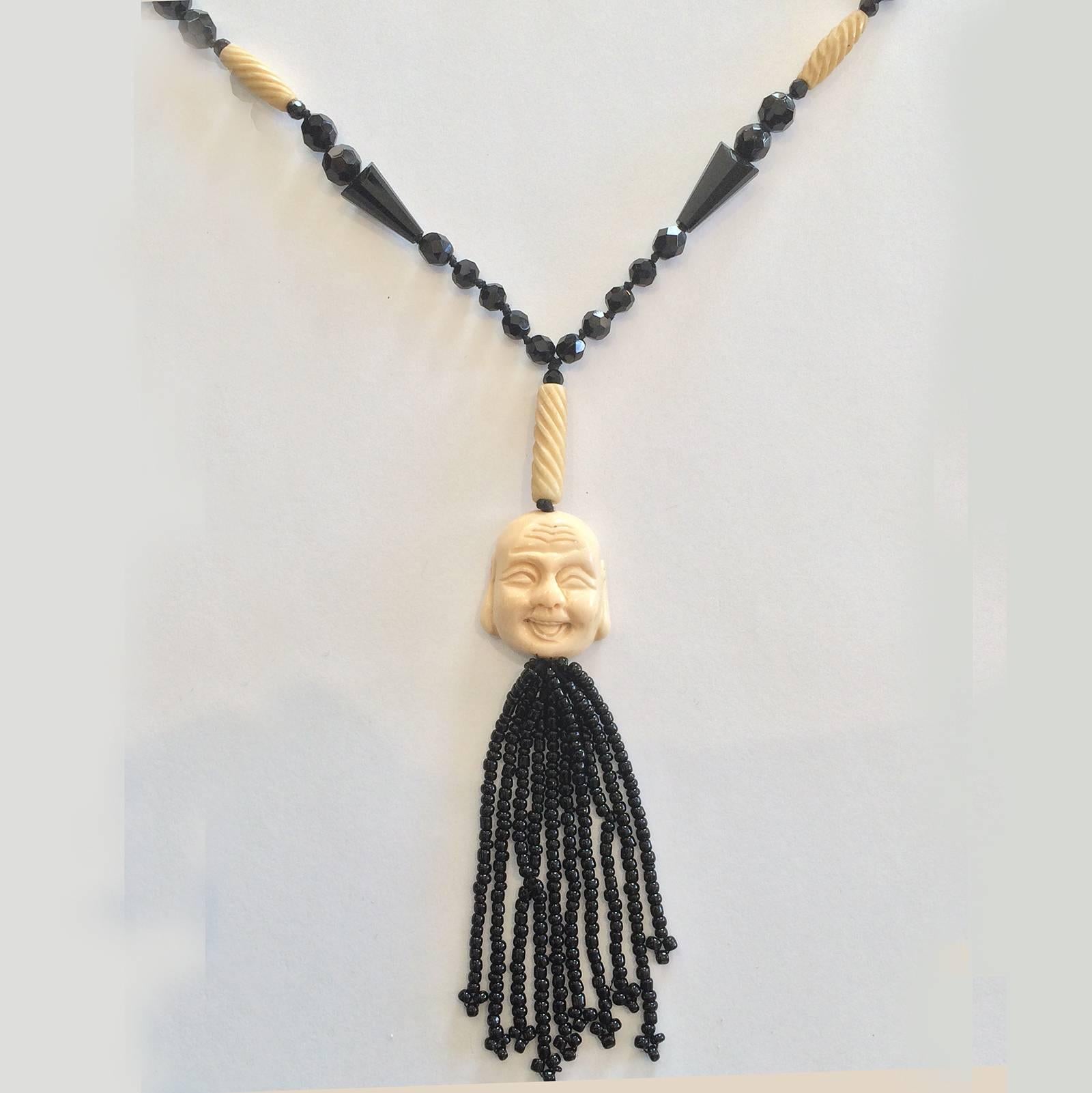 Art Deco French Jet and bone carved Buddha necklace In Excellent Condition In Daylesford, Victoria