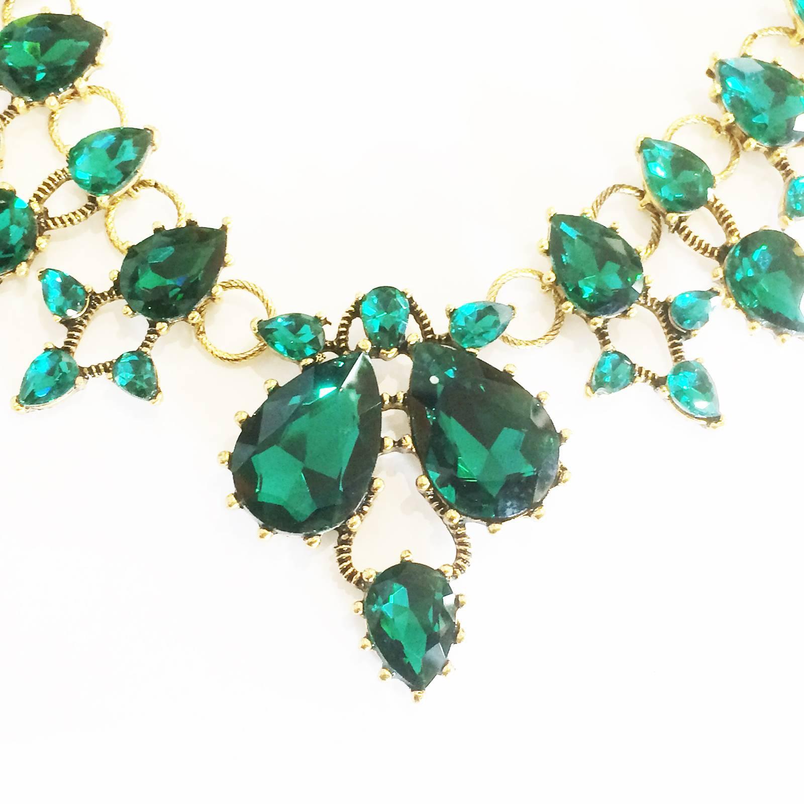 Art Deco Runway Necklace, Emerald Diamante on gilt, by 