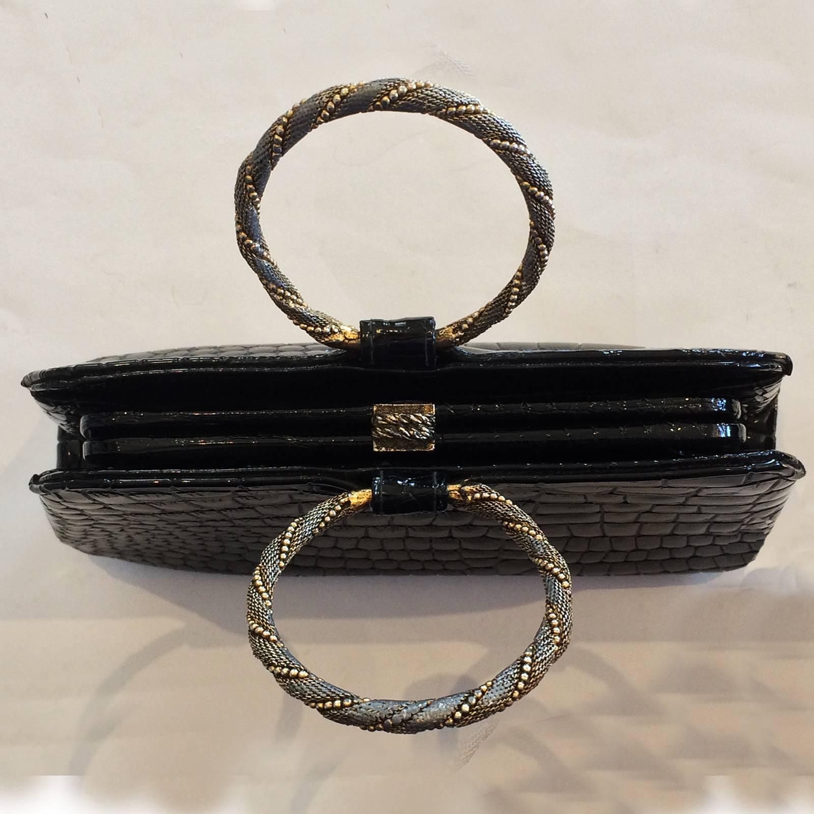 Black Mid Century 1950s Crocodile imprint leather bag by Garay