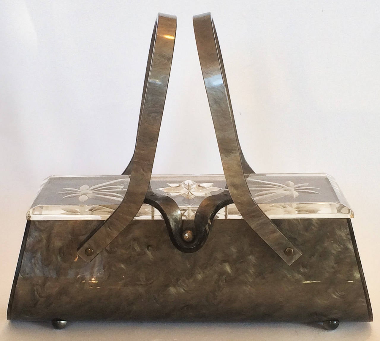 Gray 1950s Pearl grey and clear lucite carved purse handbag