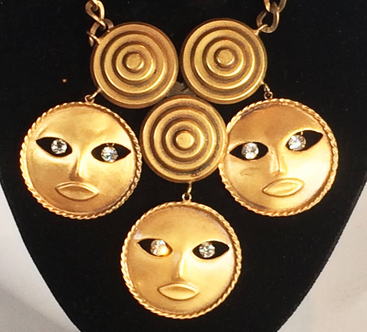 1930s Rare Joseff of Hollywood, “Moon Face Necklace”, signed to rear of each of the 3 moons. Overall perfect condition, including original clasp and perfect Diamantes. No damage or repairs. Dimensions are approx..: each Moon 42mm dia., overall