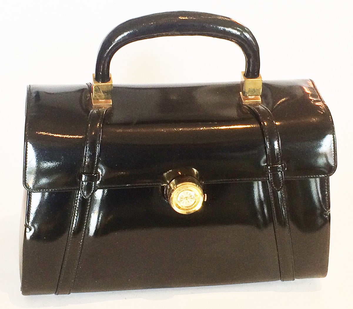 Rare Nettie Rosenstein structured solid black leather purse with watch In Excellent Condition In Daylesford, Victoria