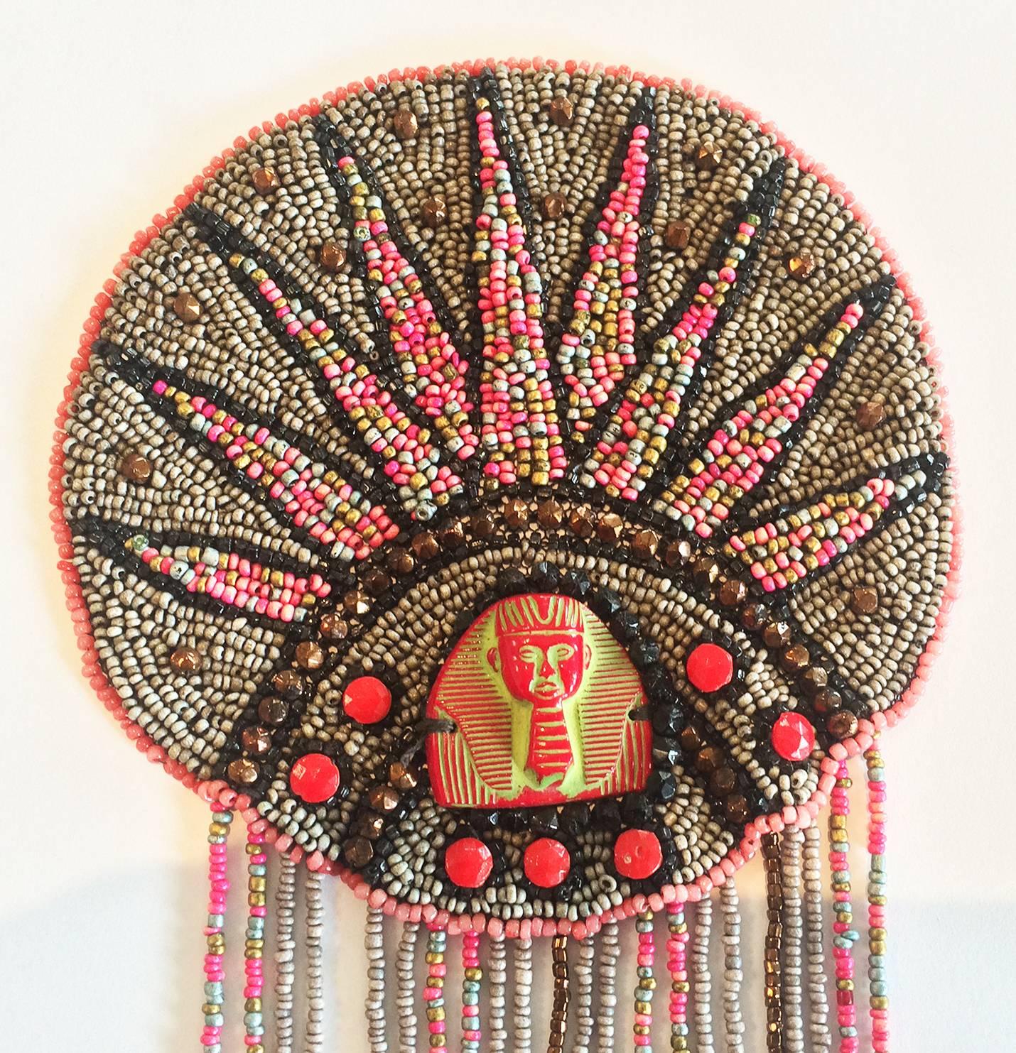 Art Deco, Amazing, Egyptian Revival Beaded Dress Piece. Designed as an “add-on” contrast for a typical Deco Evening Dress, the long strands of beads swaying with movement, maybe while doing the “Charleston”, or just while walking. The centre piece