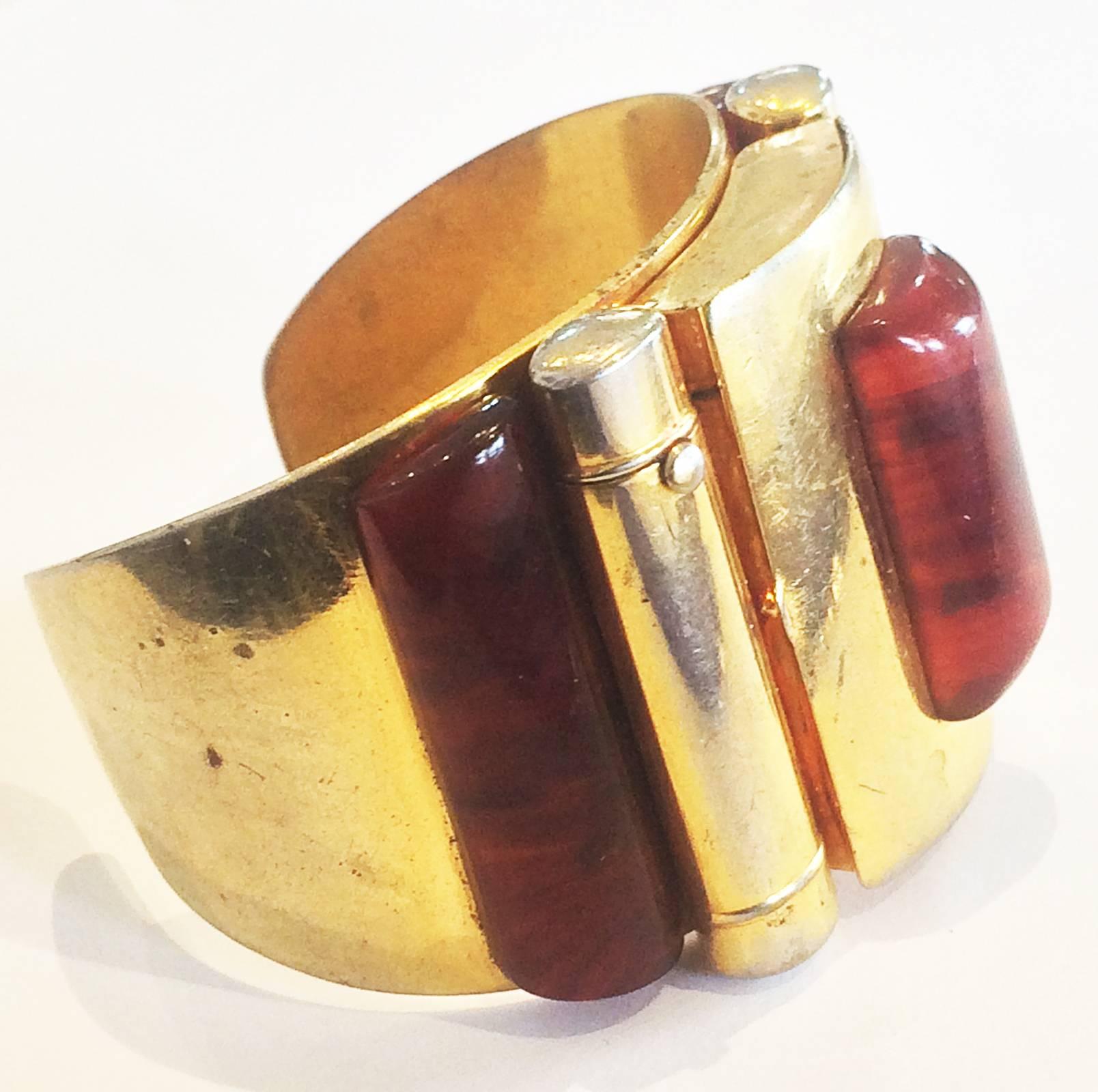 Rare Albert Dumand Signed Compact and Lipstick bangle cuff bracelet 1