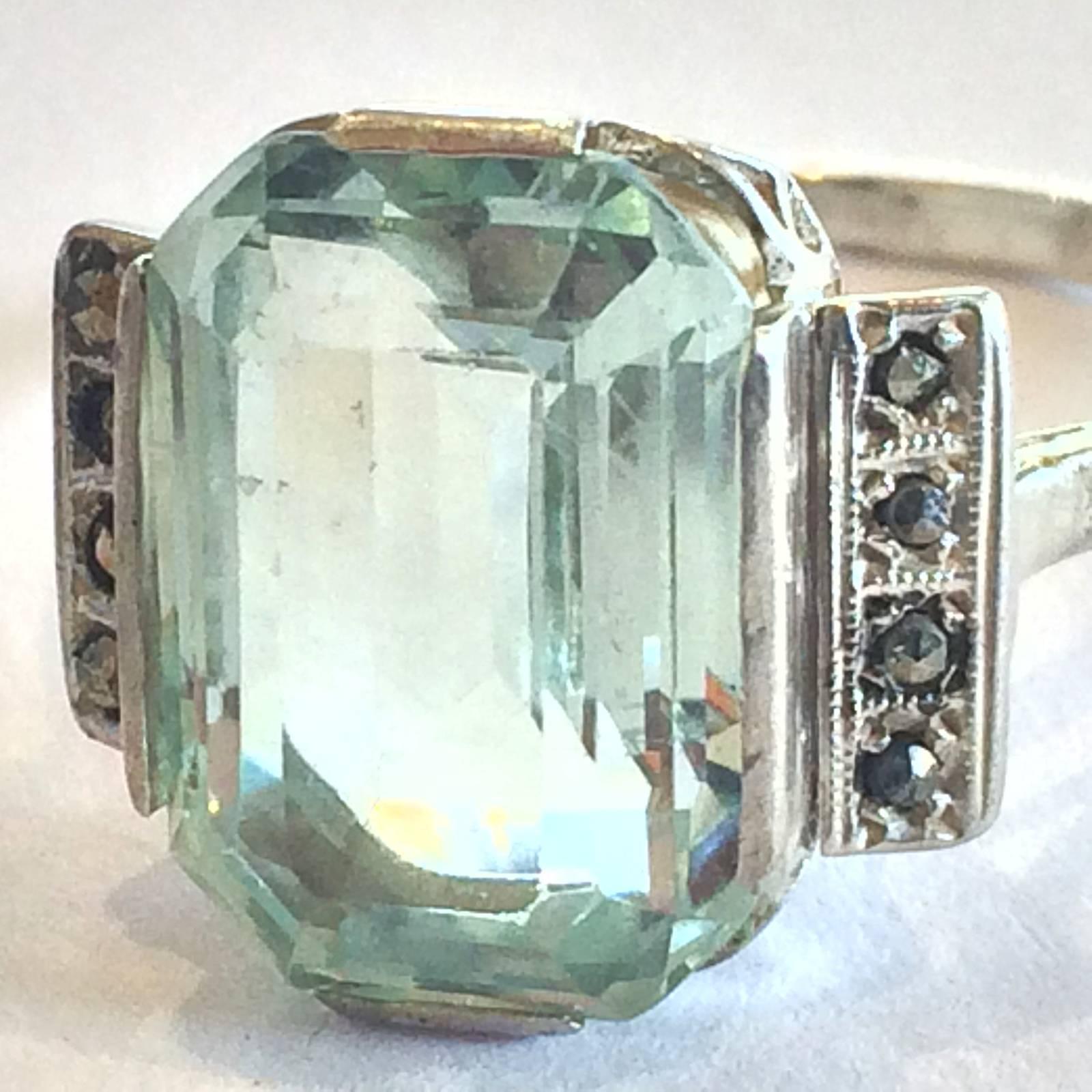 Art Deco Ring, Silver Marcasite with fantastic, large Baguette cut Aquamarine, all in amazing original condition. The stone is high set to get light under the setting to show the Aquamarine colour. No Hallmark but tested as “925” European Silver.