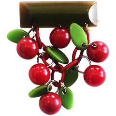 Original Art Deco Bakelite red Cherry Cherries  bar brooch pin