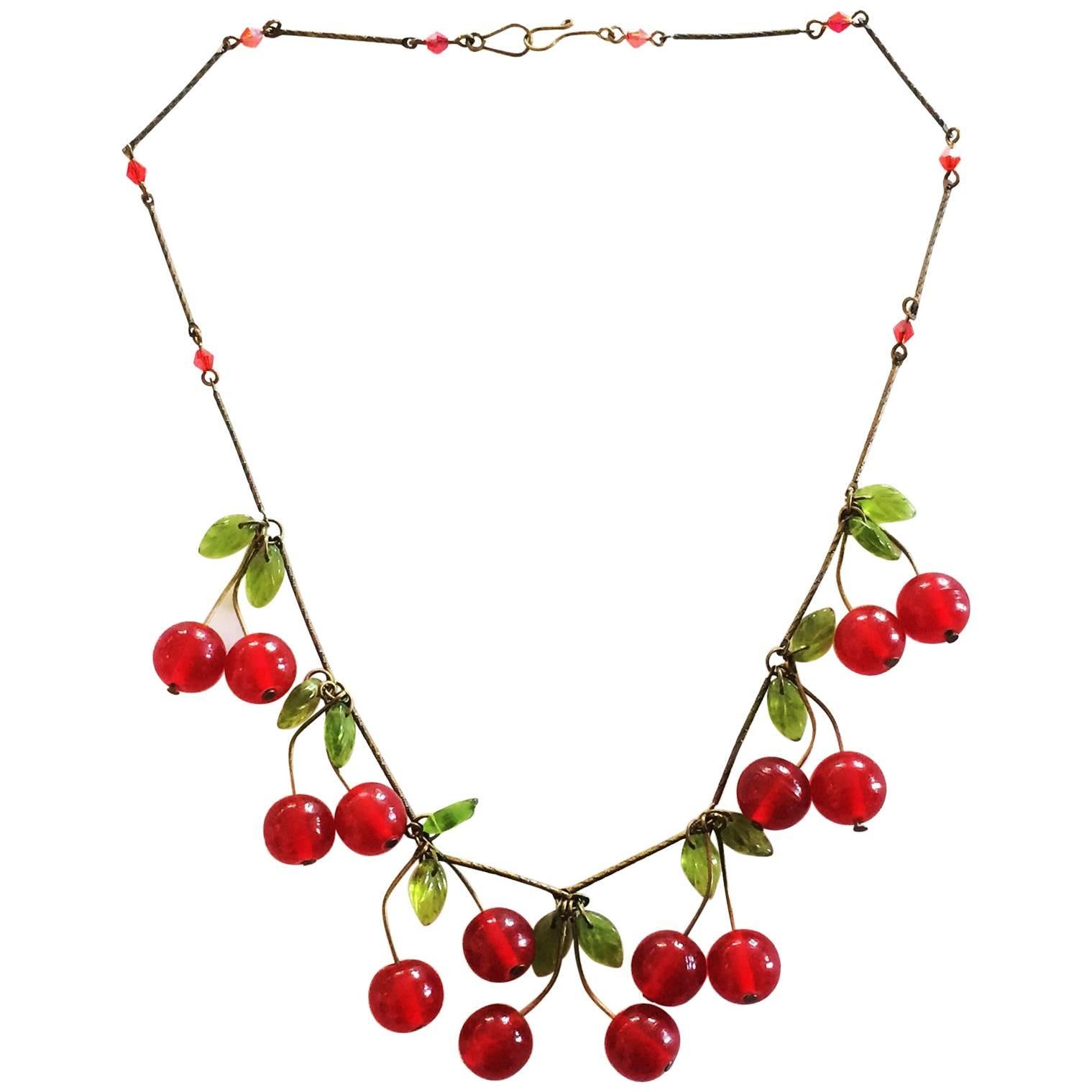 Art Deco Cherry and Leaf Necklace in Glass 