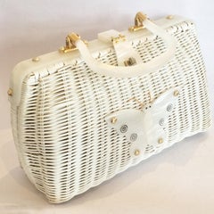 Mid Century white wicker and lucite butterfly handbag bag
