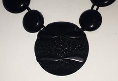 Huge Art Deco black carved bakelite necklace pendant on celluloid chain