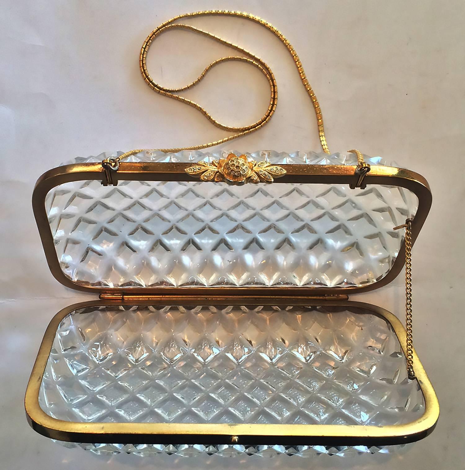 Beige Vintage Judith Leiber minaudiere evening purse in cut crystal lucite