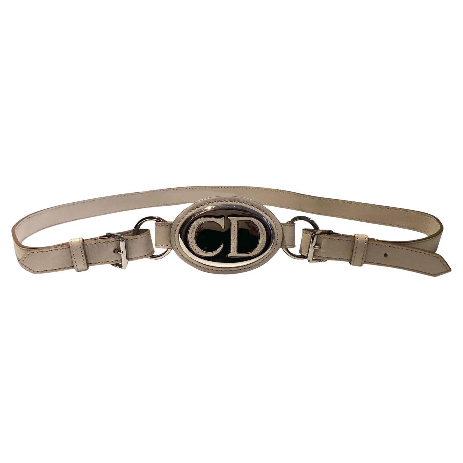 2000er Christian Dior CD Logo Weißer Ledergürtel mit hoher Taille 