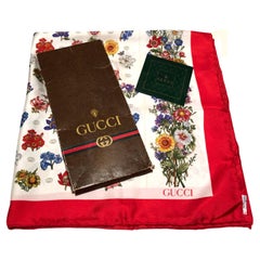 1980s Gucci Blooms Print Red Edge Silk Scarf