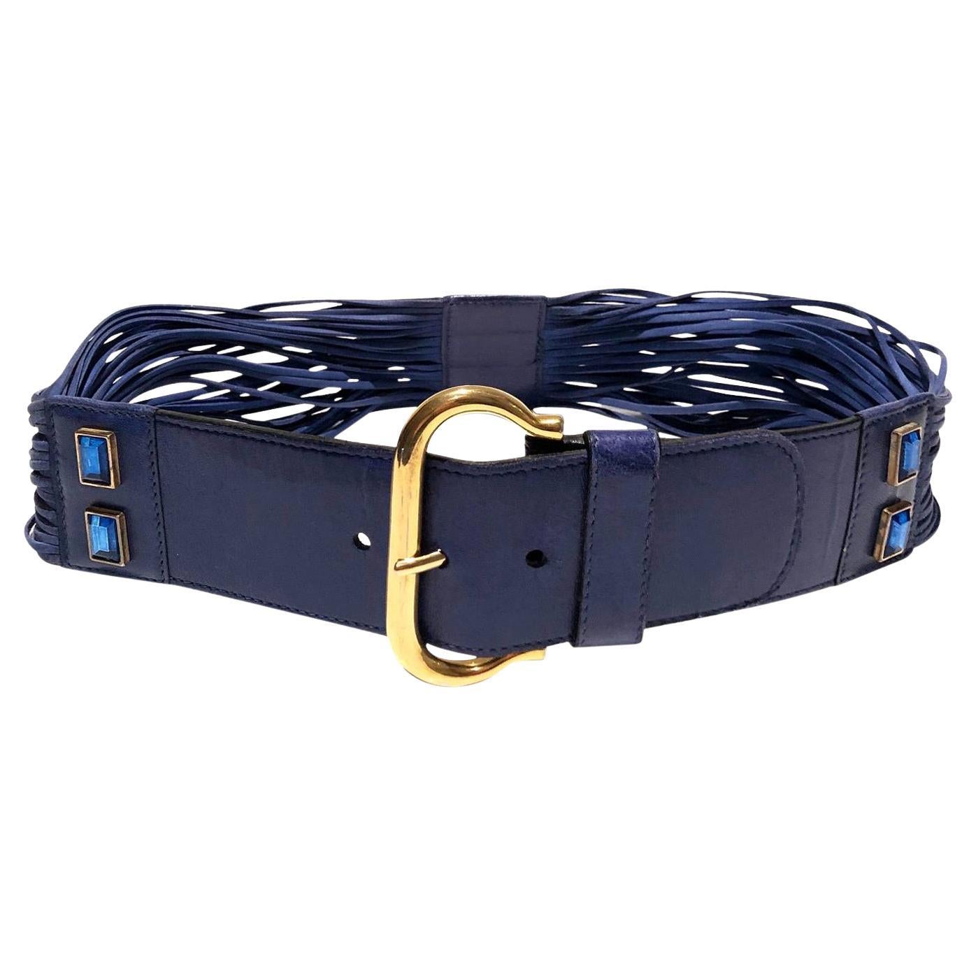 1980s Escada Bright Blue rhinestone suede leather fringe high waisted belt  For Sale