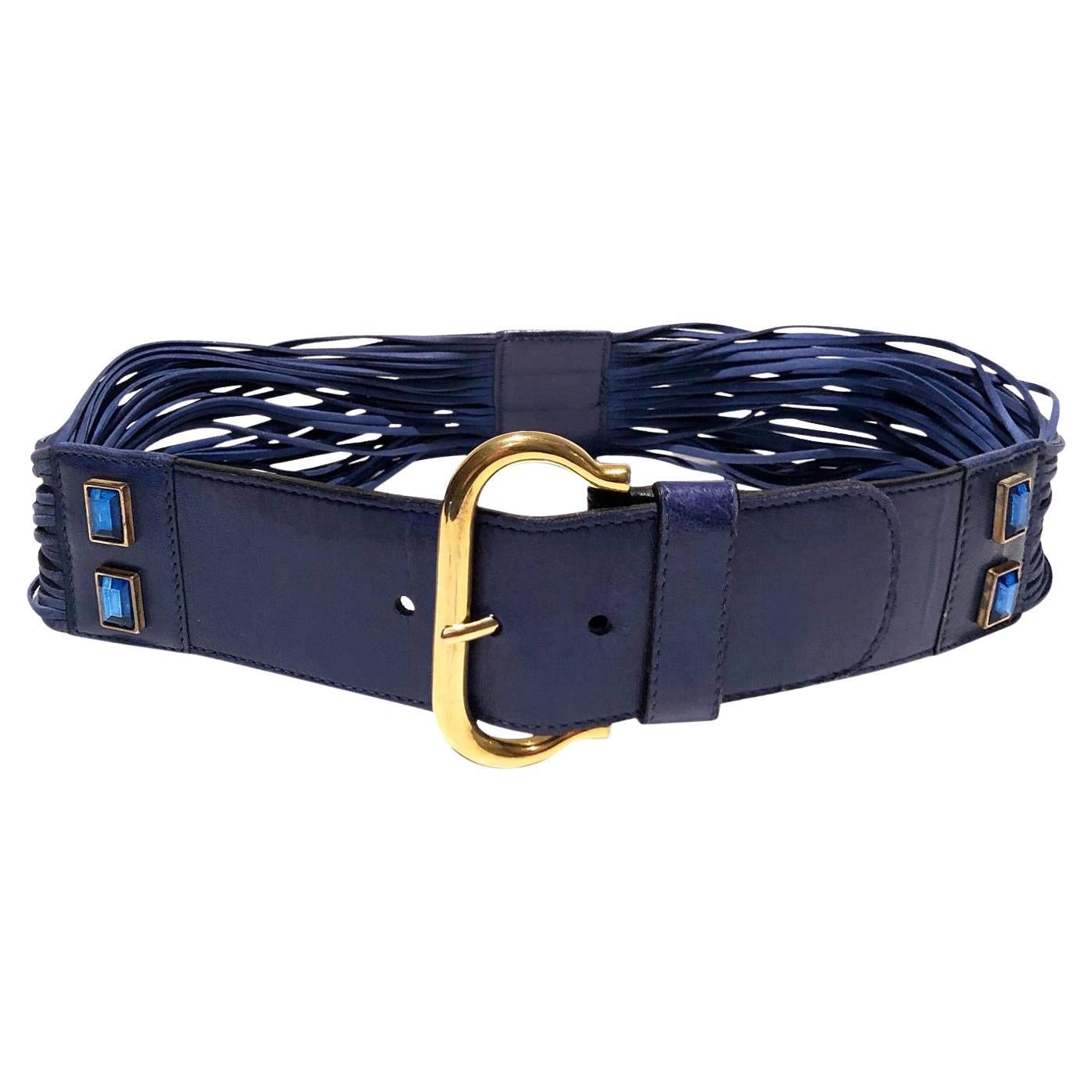 1980s Escada Blue Jeweled Leather High Waist Belt