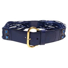Vintage 1980s Escada Bright Blue rhinestone suede leather fringe high waisted belt 