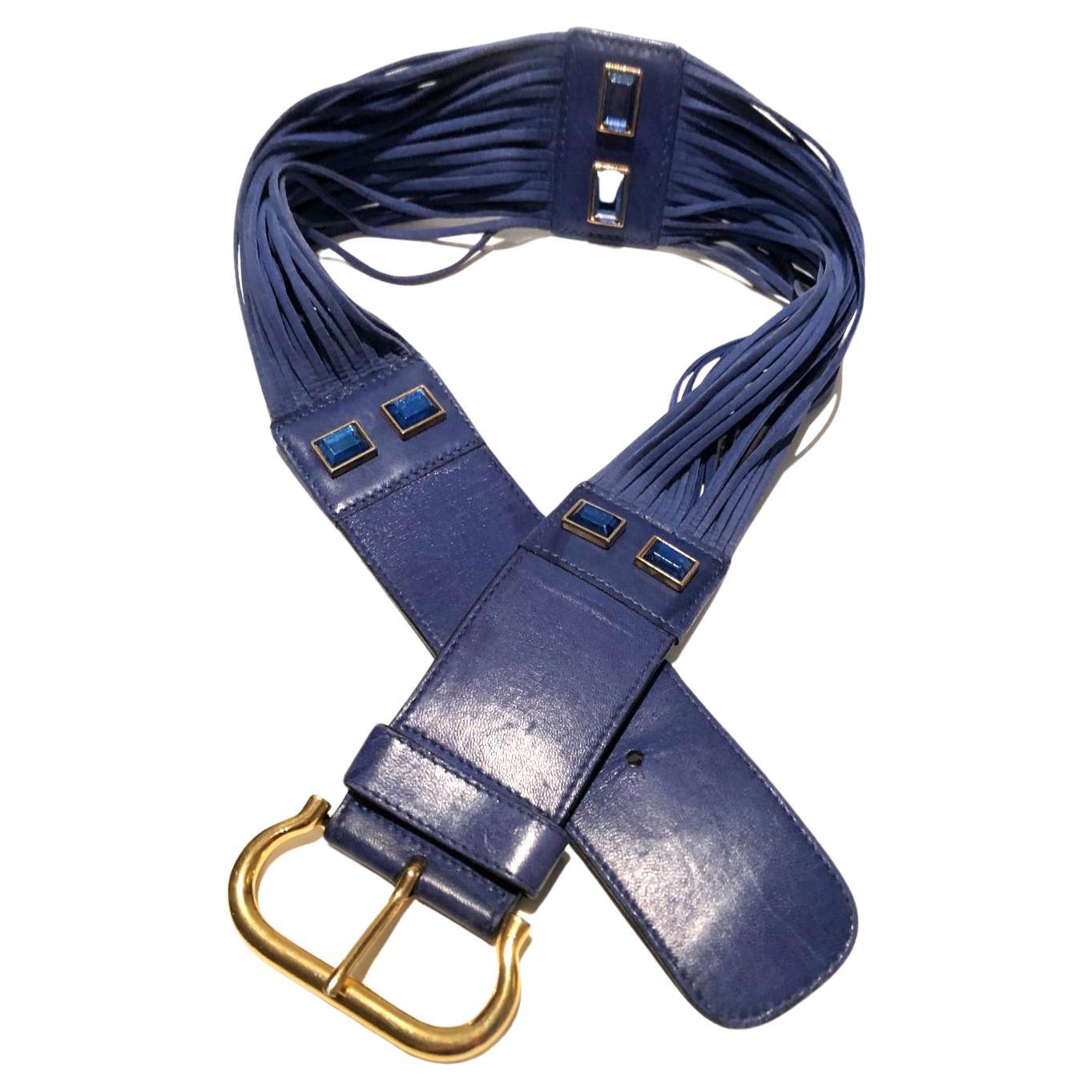 Escada Blue rhinestone leather fringe belt, high waisted in excellent vintage condition, gold tone metal ware, Made in Italy 

Measurements:
- Length: 85cm / 33.4in
- Buckle height: 9cm / 3.4in
