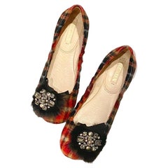 2000s Prada Tartan Wool Jeweled Feather Ballerina Flats Size 37 Italian