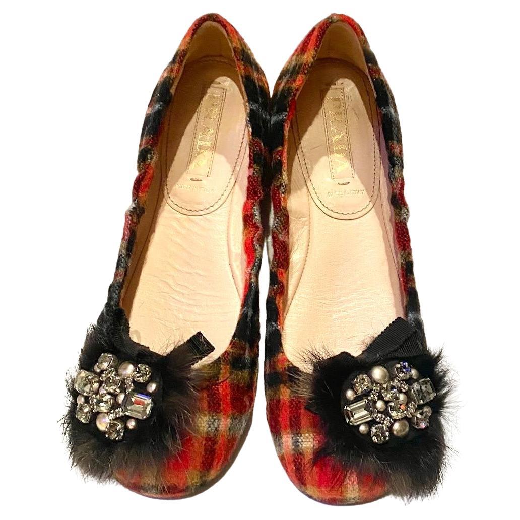 2000s Prada Tartan Wool Jeweled Feather Ballerina Flats For Sale
