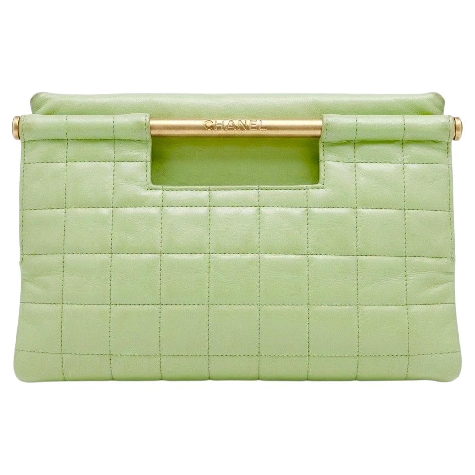Chanel 1990s Vintage Mint Green Chocolare Bar Quilted Top Handle Tote Bag