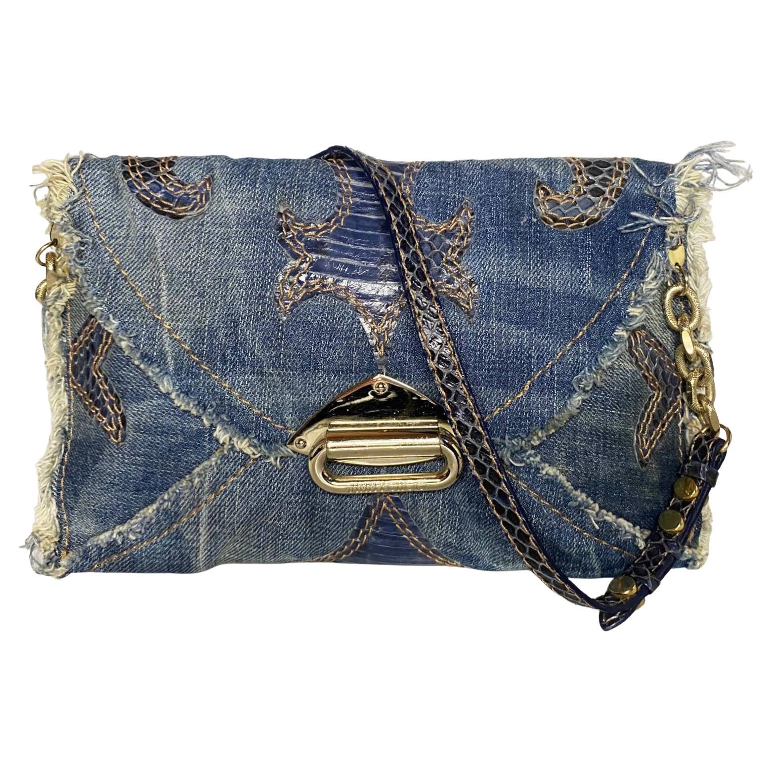 PRADA CANAPA Stampata Shoulder Tote Hand Bag Denim Leather Blue Gold  38EA248 | eBay