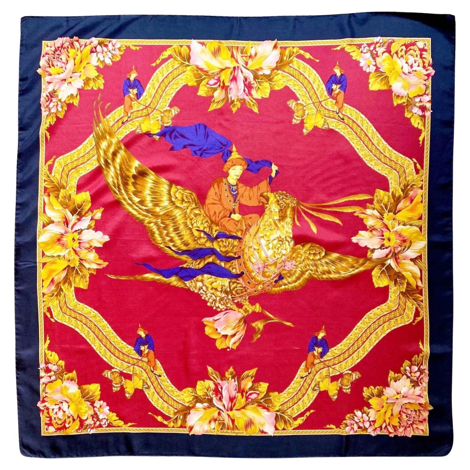 1980s Salvatore Ferragamo Chinese Mythology Silk Scarf