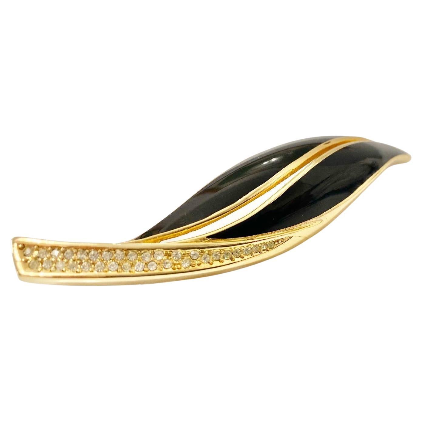  1980s Christian Dior Gold Plated Enamel Leaf Crystal Brooch For Sale