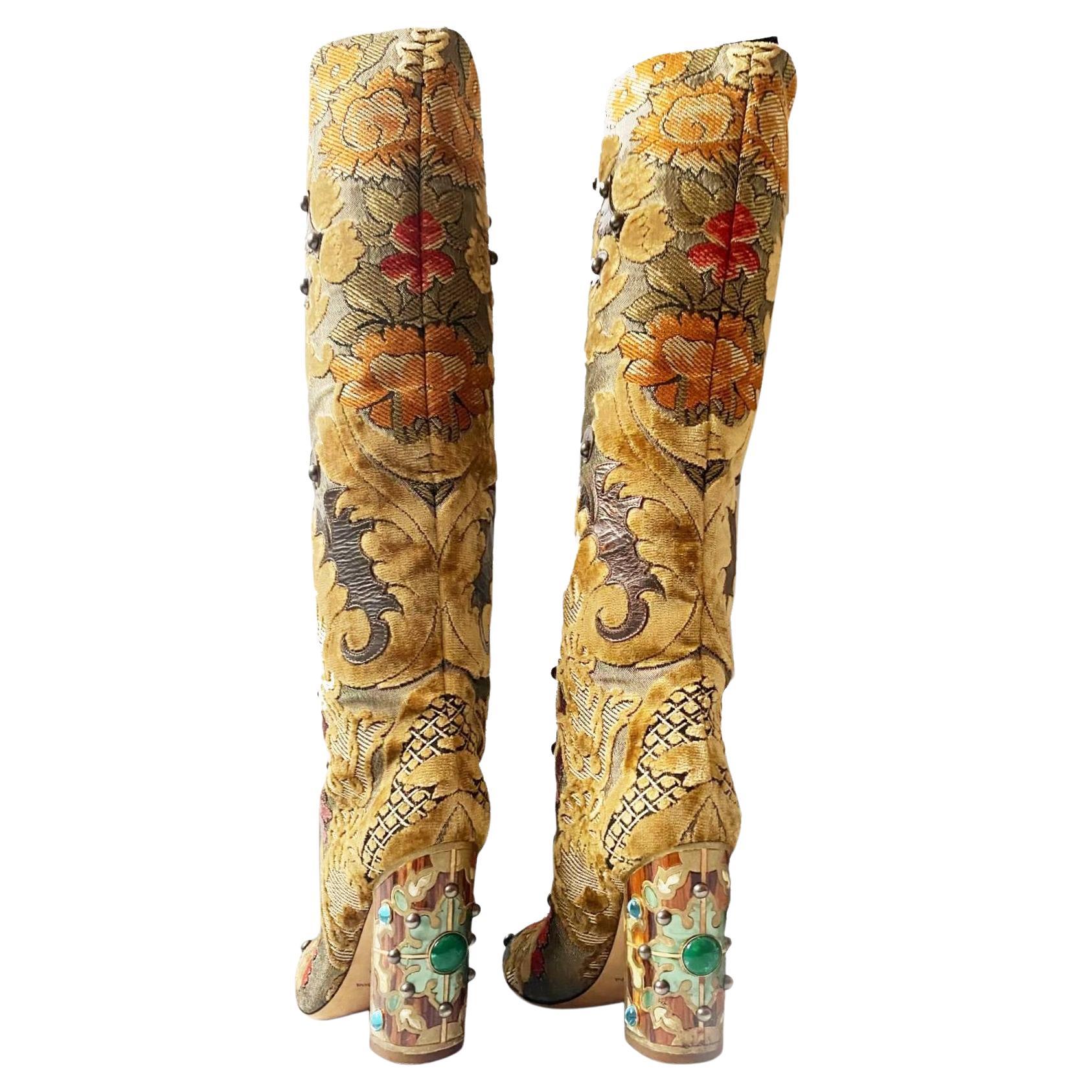 Dolce & Gabbana Brocade Fabric Over The Knee Jeweled Boots For Sale