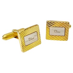 Vintage 1970s Dior Gold Tone Cufflinks with Silver Tone Logo Plaque