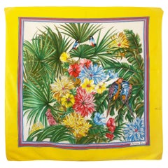 Christian Dior anni '70 con stampa tropicale  Sciarpa di seta con foglie di palma dei pappagalli