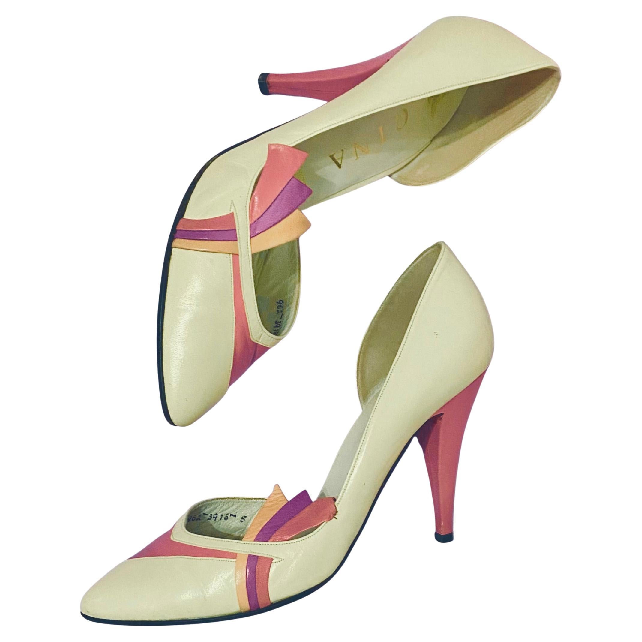 1980s Gina London Vintage Rosa Creme Leder Pumps