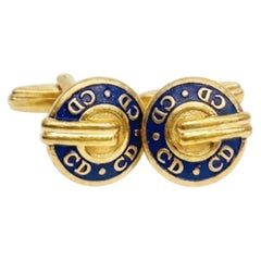 Vintage 1980s Christian Dior Lacquered Blue and Gold Tone Cufflinks