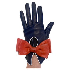 1950s Hermes Paris Vintage Blue Nappa Leather & Red Bow Split Wrist Glove
