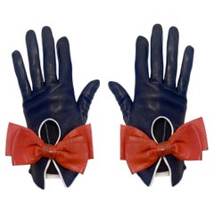1950s Hermes Paris Vintage Blue Nappa Leather & Red Bow Split Wrist Glove