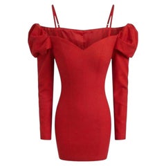 1980s Blumarine Red Stretch Velvet Off Shoulder Cocktail Dress Puffy Sleeves