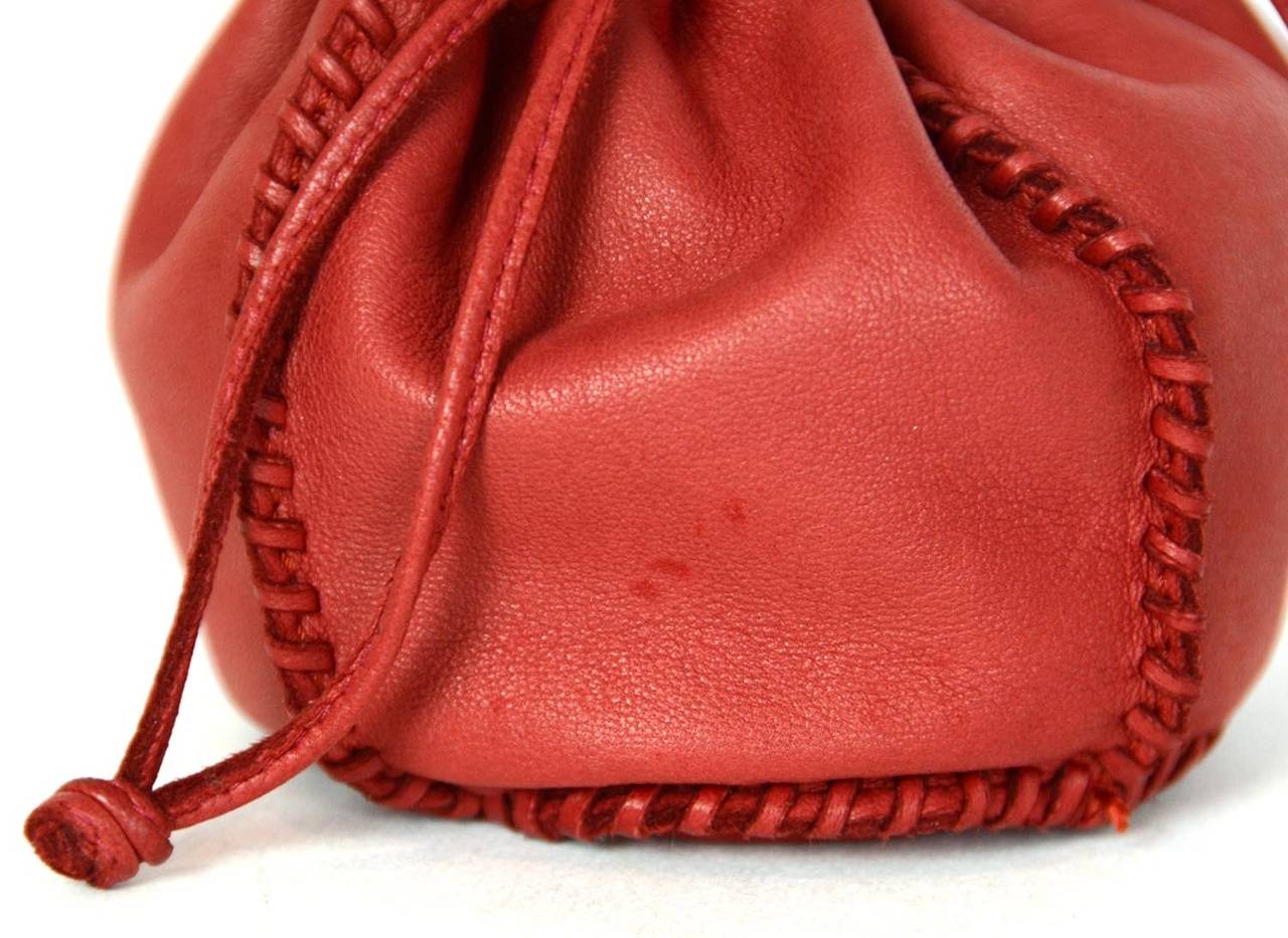 Hermes Red Leather Drawstring Jewelry/Accessory Pouch with Whipstitch Detail In Good Condition In New York, NY