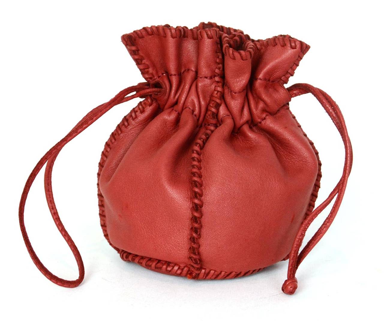 Hermes Red Leather Drawstring Jewelry/Accessory Pouch with Whipstitch Detail 1