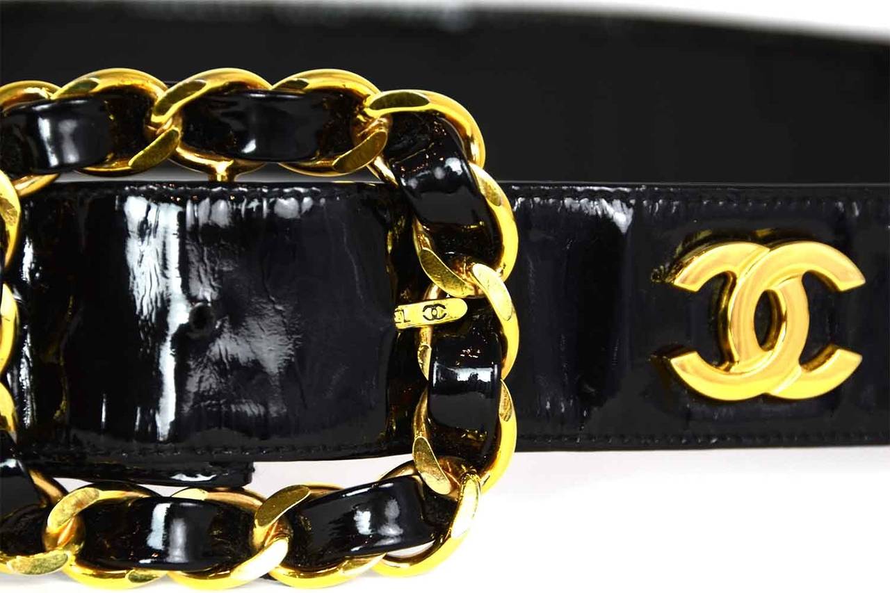 CHANEL Vintage Black Patent Leather Thick Belt w/ CCs sz 95/38