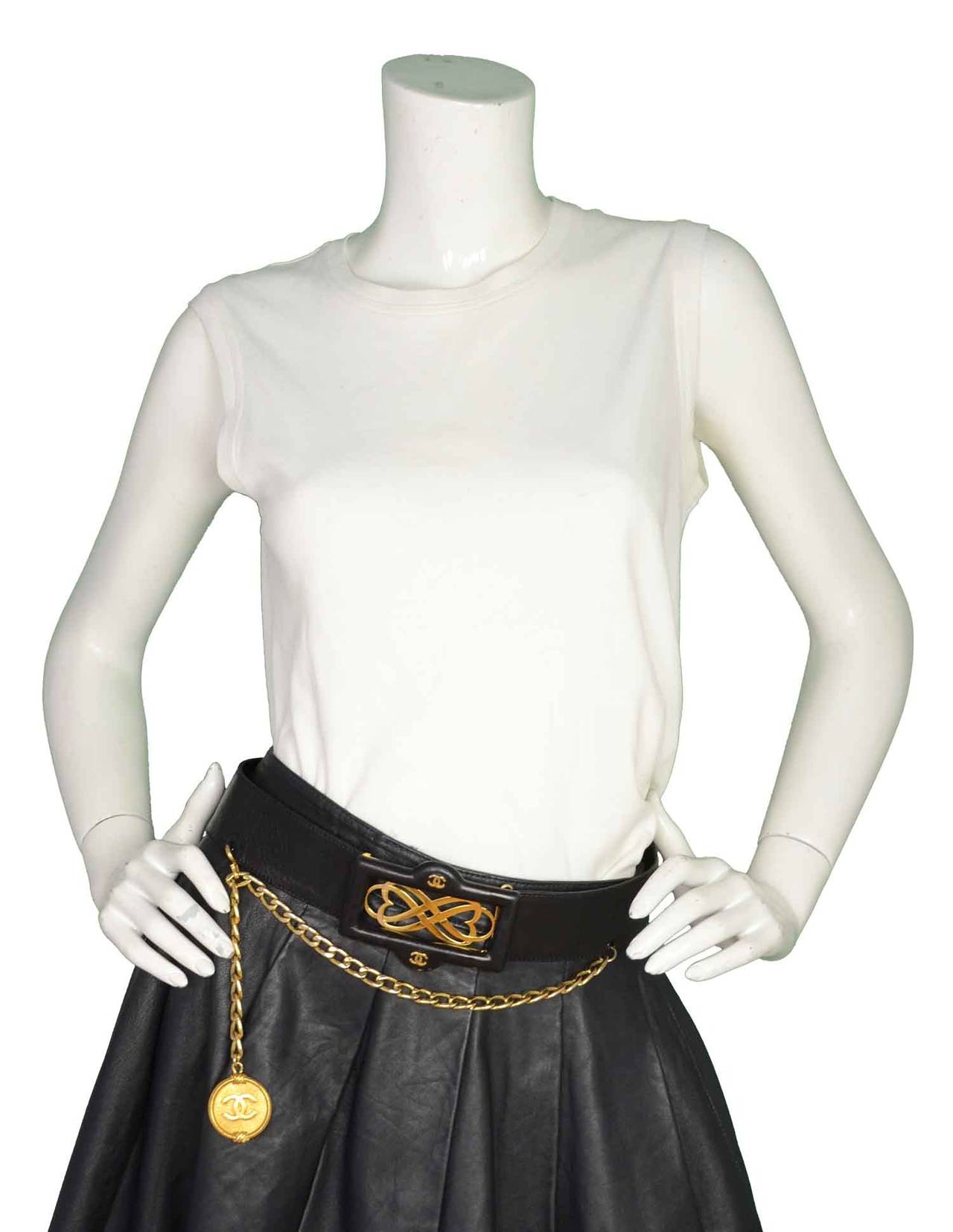CHANEL Vintage Black Leather Thick Belt w/ Logo Buckle & Chain Tier sz. 95/38 4