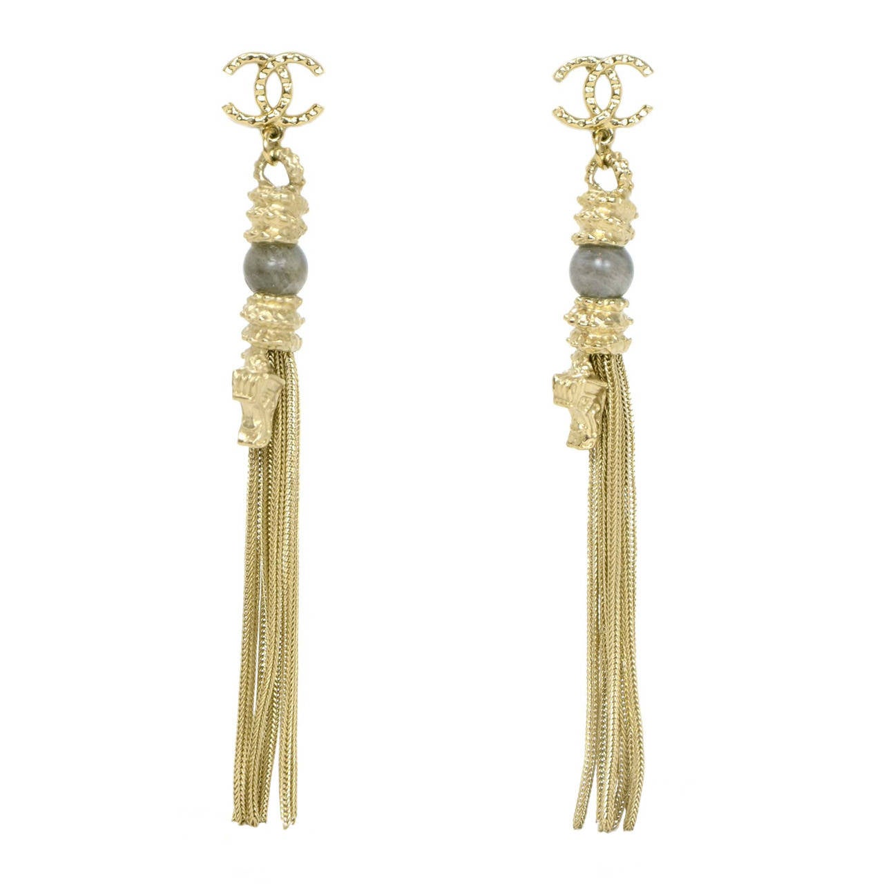 CHANEL Goldtone CC Hanging Dragon Head Tassel Pierced Earrings
