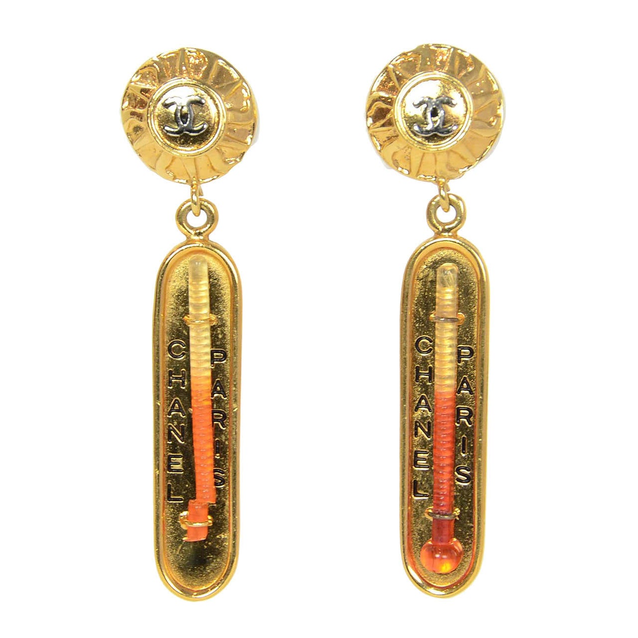 Chanel 1960s Vintage Goldtone Thermometer Dangling Clip On Novelty Earrings