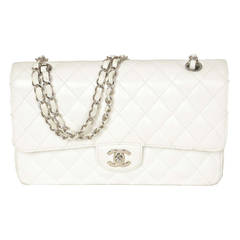 CHANEL White Quilted Caviar Double Flap 10" Classic Bag