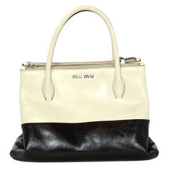 MIU MIU Black & White Two-Tone Glossed Leather Tote Bag w. Strap rt. $1, 695