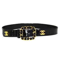 CHANEL Vintage Black Patent Leather Thick Belt w/ CCs sz 95/38