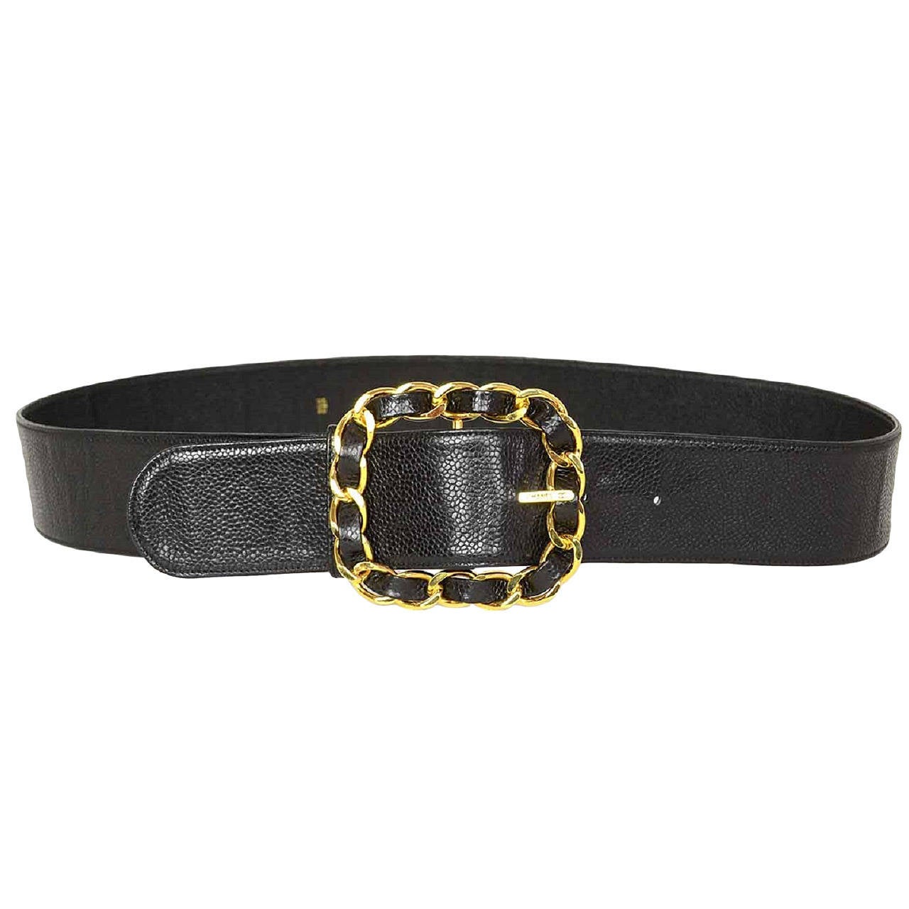 CHANEL Vintage Black Caviar Leather Thick Belt w/ Woven Buckle sz 95/38 ...