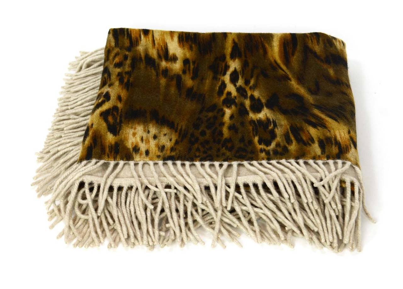 LORO PIANA Brown/Black/Beige Leopard Print Cashmere Shawl/Throw w/ Fringe Trim In Excellent Condition In New York, NY