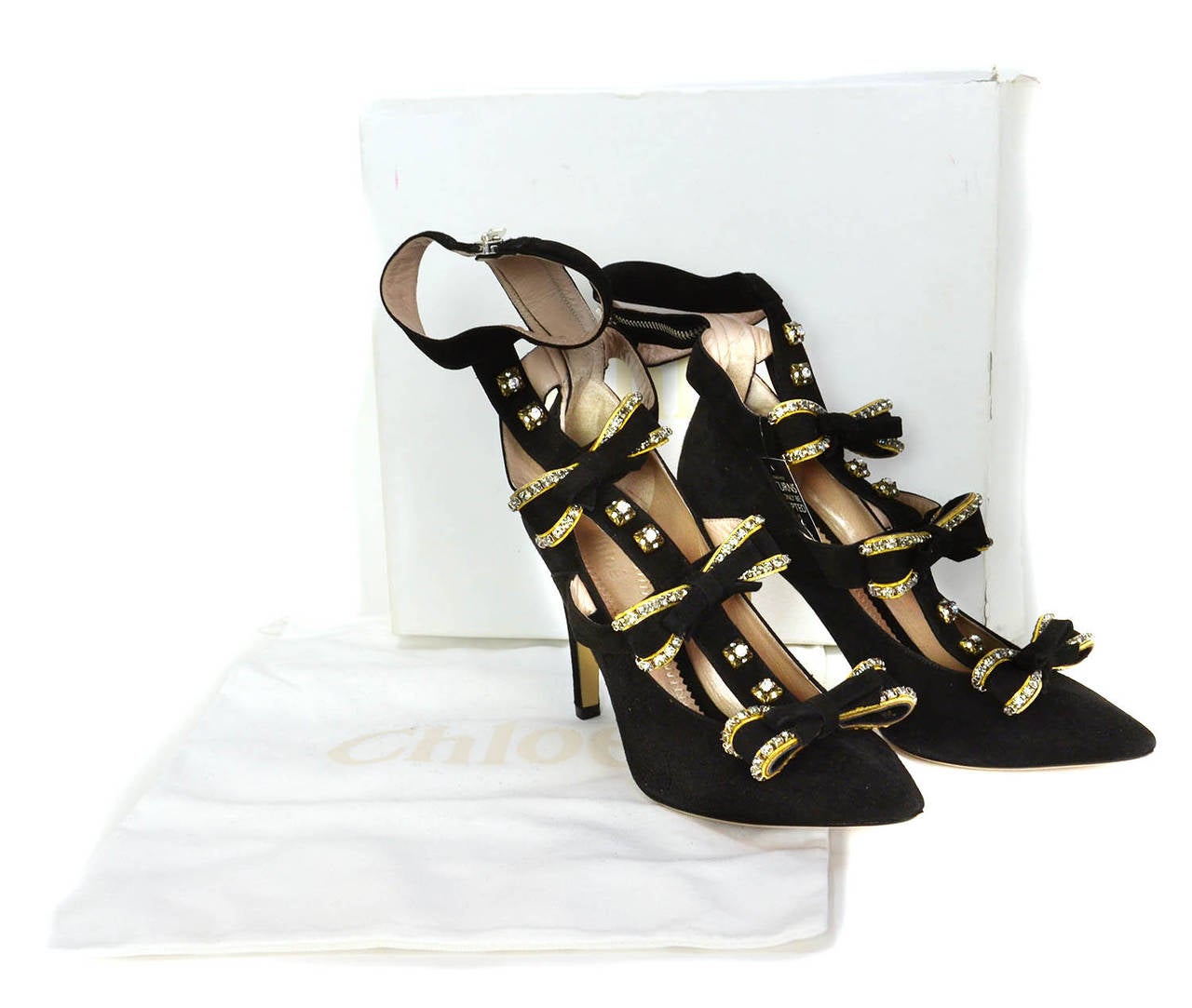 CHLOE Black Suede Point Toe Pumps w/ Crystal Bow Detail sz 8.5 6