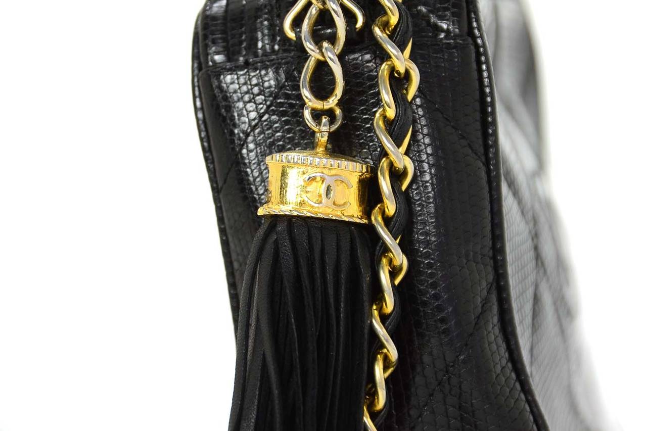CHANEL '80s Vintage Black Lizard Quilted Camera Bag w/ Tassel GHW 1