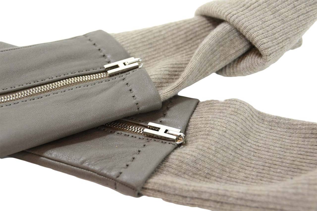 Women's HERMES Grey Leather Gloves w/ Beige Cashmere Cuffs & H Zipper sz 6